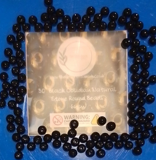 Black Obsidian Natural Stone Round Beads - The Craft Room UK