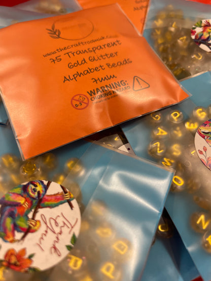 Transparent Gold Glitter Alphabet Beads - The Craft Room UK