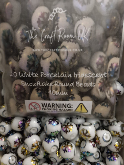 White Porcelain Iridescent Snowflake Christmas Beads