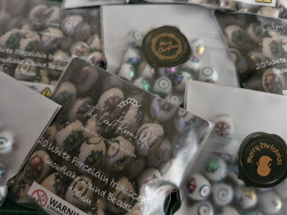 White Porcelain Iridescent Snowflake Christmas Beads