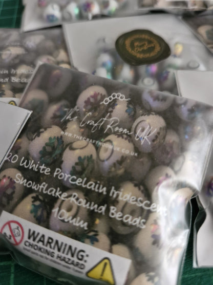 White Porcelain Iridescent Snowflake Christmas Beads