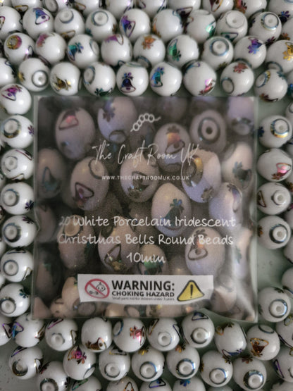 White Porcelain Iridescent Christmas Bells Beads