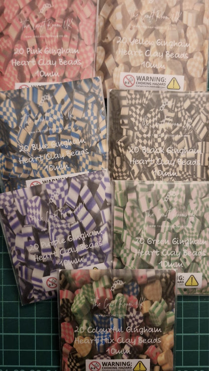 Gingham Heart Polymer Clay Beads