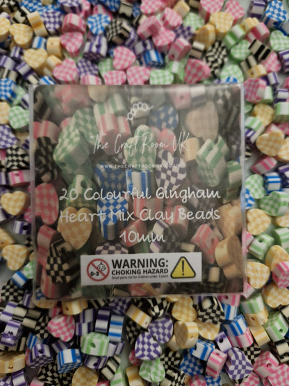 Gingham Heart Polymer Clay Beads