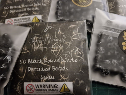 Black Round White Detailed Beads