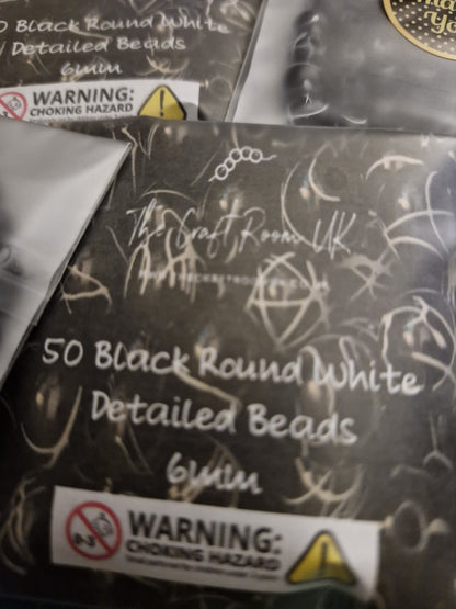 Black Round White Detailed Beads