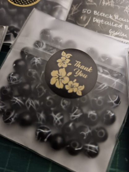 Black Round White Detailed Beads
