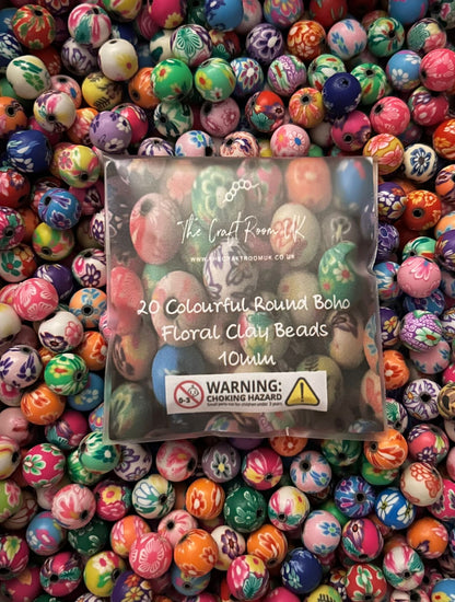 Colourful Round BoHo Floral Polymer Clay Beads